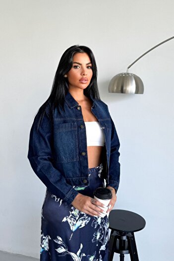 HLT JEANS Kadın Koyu Mavi Jean Denim Regular Kalıp Cepli Düğmeli Kot Ceket DİANA-5003