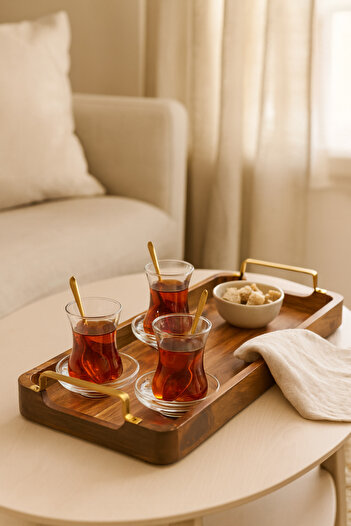 YUNUSOĞLU HOME Wooden Serving Tray – Rectangular Tea and Coffee Presentation Tray with Gold Color Metal Handles 48X18X5.8 cm