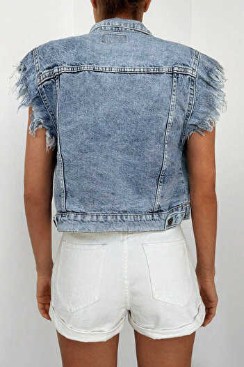 Jacarsman Women's Pocket Detailed Buttoned Shoulder Tassel Blue Denim Vest