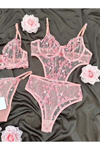 Lena Homewears Women's Pink Heart Bra & Bodysuit Lingerie Set