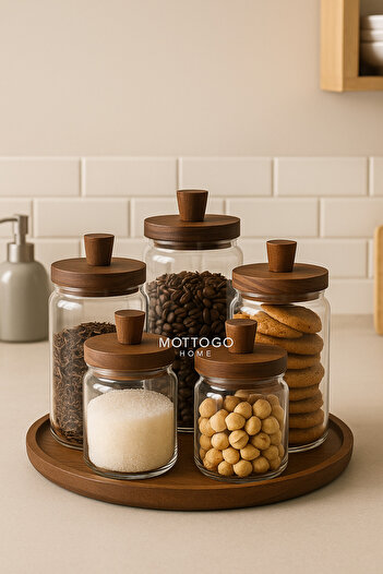 Mottogo 5-Piece Vacuum Acacia Lid Glass Jar Set 950 700 450ml - Round Bottom