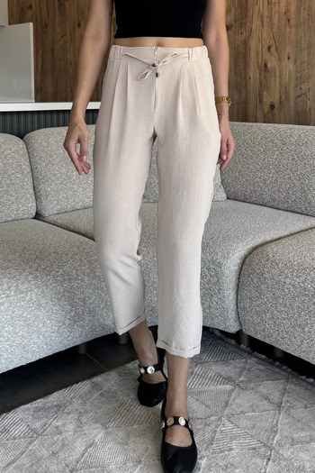 julude Beige Elastic Waist Lace up Trousers