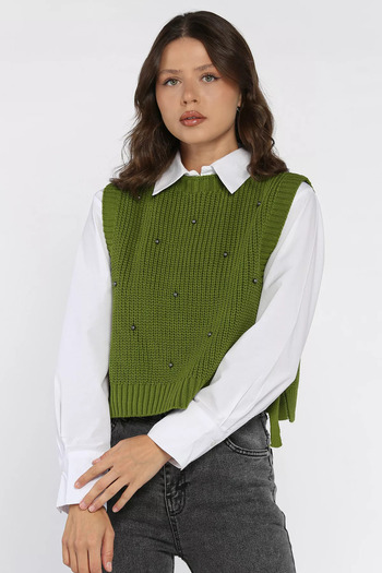 julude Khaki Side Tie Pearl Knit Sweater (Available in S-M-L-Xl)