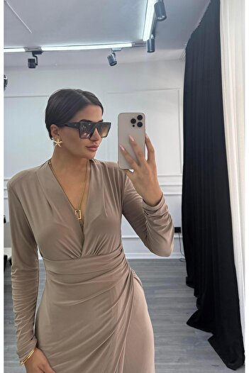 Daves Double-Breasted Collar Stretchy Dress - Camel