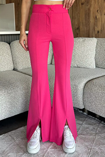 julude Fuchsia Slit Hem Palazzo Slim Fit Fabric Trousers