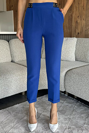 julude Sax Blue Slim Fit Fabric Trousers with Elastic Waist and Text Detail