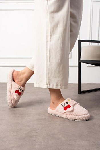 Oksit My Kurdela Embroidered Women's House Slippers Plush Slippers Dowry and Bundle Slippers Do Not Make Noise Thick Sole