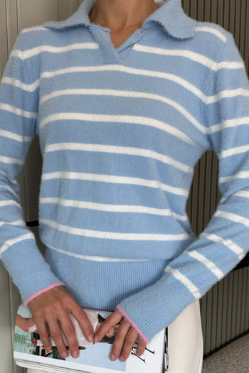 julude Pulover tricotat cu guler polo pentru femei, albastru, cu model în dungi (se potrivește cu mărimea S-M-L-XL.)