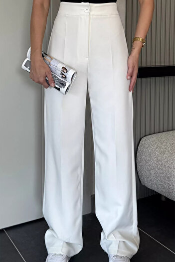 julude Cream Women's Wide Leg Fabric Trousers