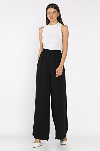 julude Black Women's Wide Leg Elastic Waist Fabric Trousers