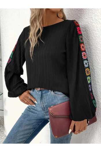 JANES Women's Long Sleeve Floral Detailed Crew Neck Waffle Blouse