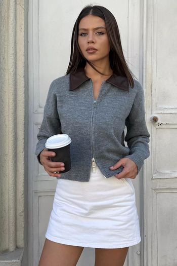 julude Gray Women's Polo Neck Leather Trimmed Zippered Knit Cardigan (Fits Sizes S-M-L.)