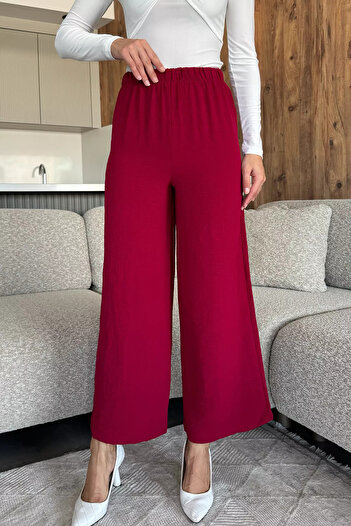 julude Burgundy Women's Elastic Waist Loose Fit Trousers