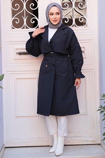 N.S NEVA STYLE Belted Navy Blue Hijab Trench Coat 26421L