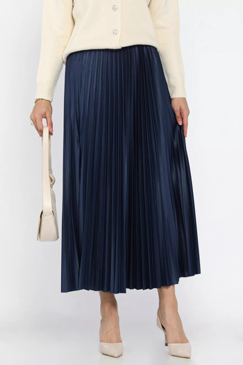 julude Navy Blue Pleated Hijab Skirt with Elastic Waist
