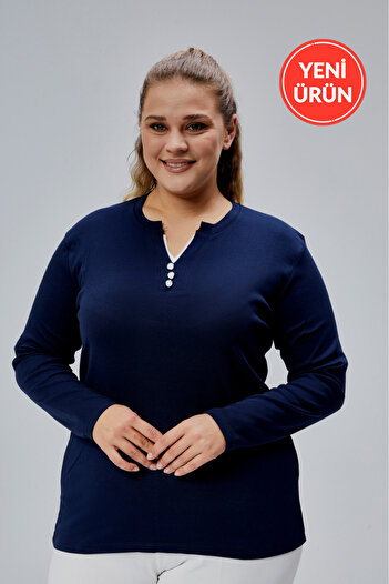 BANEGA Curve Plus Size 100% Cotton Lycra Crew Neck Basic Plain Long Sleeve Navy Blue Blouse