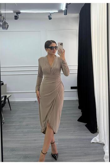 Daves Double-Breasted Collar Stretchy Dress - Camel