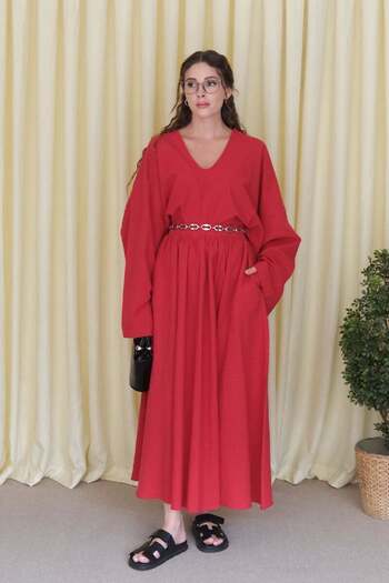 Ceylan Otantik Red Organic Linen Balloon Skirt