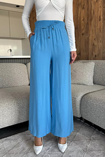 julude Blue Elastic Waist Loose Fit High Waist Women's Trousers