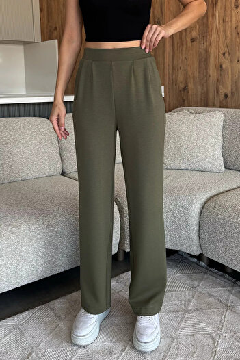 julude Khaki Women's Elastic Waist High Waist Palazzo Trousers