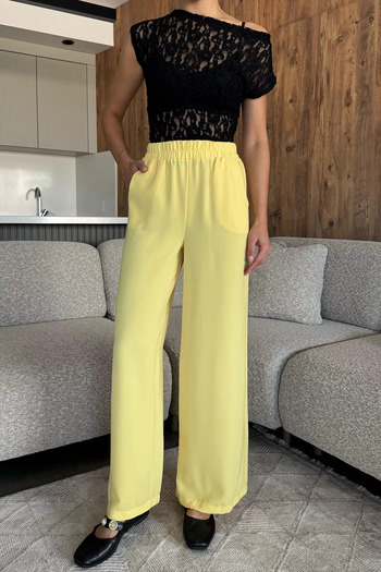 julude Yellow Women's Wide Leg Elastic Waist Fabric Trousers