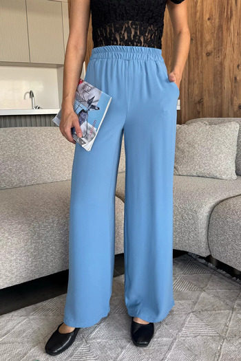 julude Blue Women's Wide Leg Elastic Waist Fabric Trousers