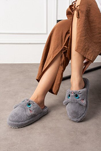 Oksit My Cat Embroidered Women's House Slippers Plush Slippers Dowry and Bundle Slippers Do Not Make Noise Thick Sole