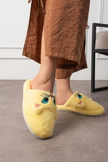 Oksit My Cat Embroidered Women's House Slippers Plush Slippers Dowry and Bundle Slippers Do Not Make Noise Thick Sole