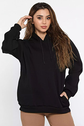 julude Black Women's Hooded Three Thread Ribbed Oversize Sweatshirt