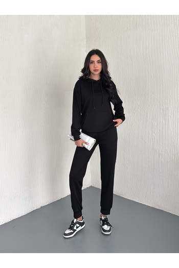 Yelken Giyim Women's Black Hooded Model Fabric Full Stretch Tracksuit Set – Comfortable Fit, Casual and Sporty Combination