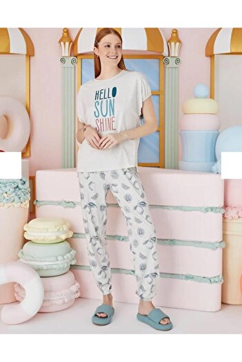 Sevim 15670 Beige Melange Lemon Patterned Elastic Cuffed Pajama Set