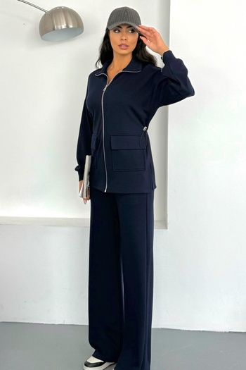 Ded COLLECTION Women's Modal Set with Drawstring Detail at the Waist, Large Flap Pockets, Long Zipper Top and Bottom