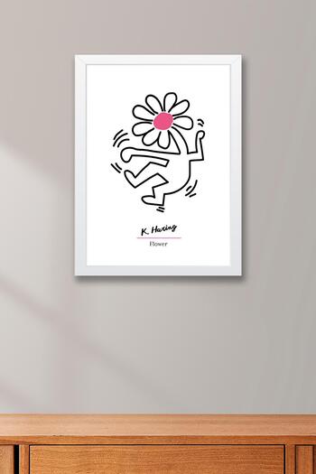 Saturn Keith Haring Flower Framed Painting - Dancing Flower - Eclectic Style Wall Decor
