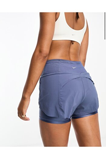 Nike Women's Mid-Rise 8cm (approx.) 2-in-1 Running Shorts with Pockets Mavi Kadın Taytlı Koşu Şort