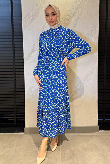 julude Rochie din viscoză cu model și cu legături în talie, albastru saxofon