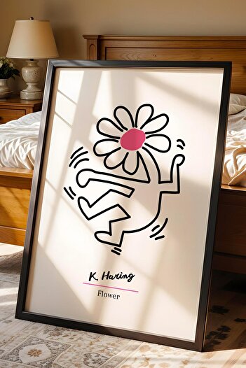 Saturn Keith Haring Flower Framed Painting - Dancing Flower - Eclectic Style Wall Decor