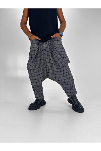 Superbluemexico Unisex Jacquard Plaid Patterned Avant-Garde Balloon Pocket Baggy Trousers