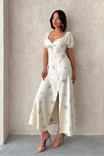 OEM Floral midi dress, pastel cream, mint, loose fit, L INTL