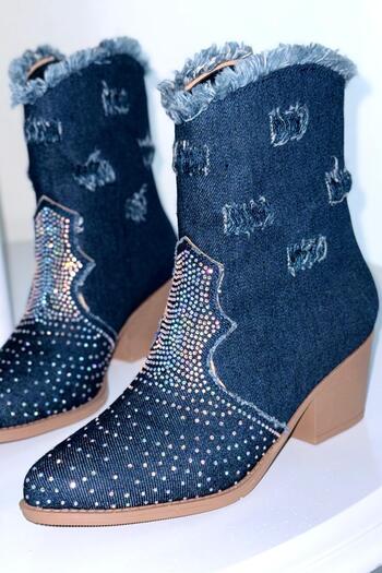 yezy shoes Γυναικείες μπότες καουμπόι με λεπτομέρειες από πέτρα Western Jean