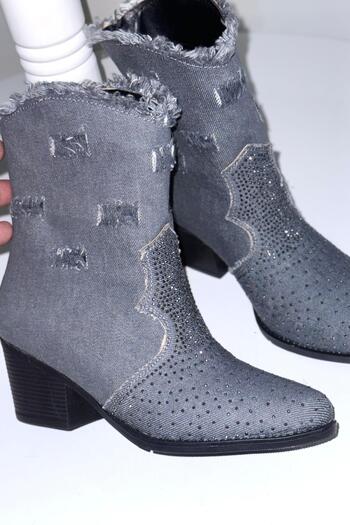 yezy shoes Women's Western Jean Stone Detailed Comfortable Cowboy Boots