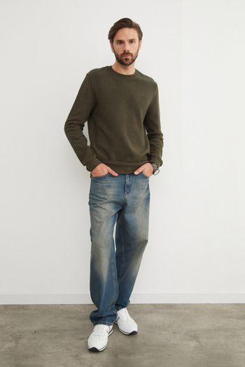 Fulla Moda M Letter Embroidered Ribbed Crew Neck Sweatshirt