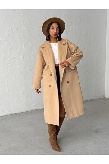 BEJNA Women's Camel Buttoned Soft Textured Cashmere Coat