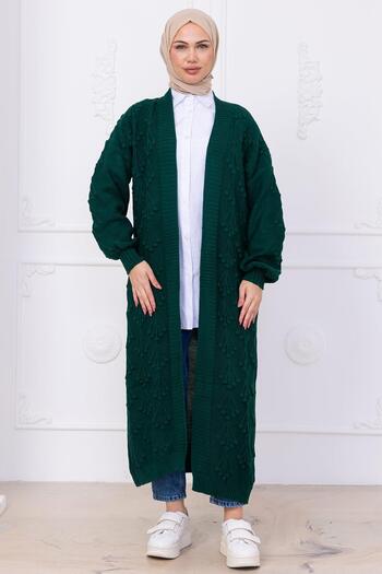 hafsamina Cherry Patterned Long Knitwear Cardigan Emerald Hm2334