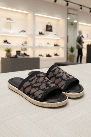 FUGA MODA Lorenza Black Background Leopard Patterned Knitwear Slippers