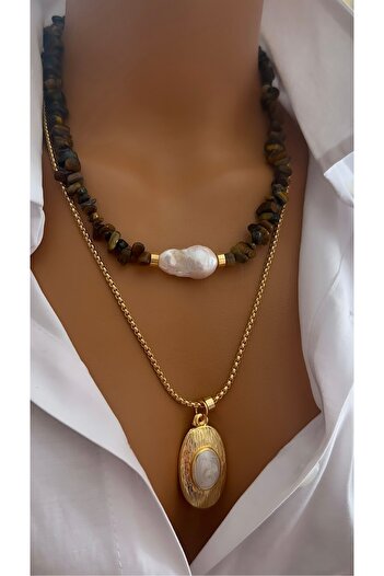 Nevaa Still Multiple Natural Stone Design Real Pearl Necklace
