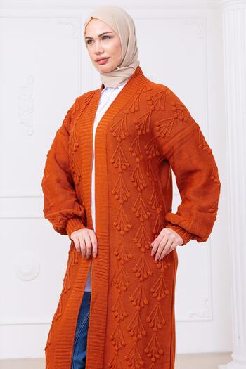 hafsamina Cherry Patterned Long Knitwear Cardigan Tile Hm2334