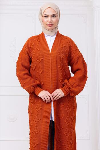 hafsamina Cherry Patterned Long Knitwear Cardigan Tile Hm2334