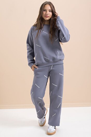 Cansın Mini Gray Girl's Patterned 3 Thread Ribbed Wide Leg Tracksuit Set 22648