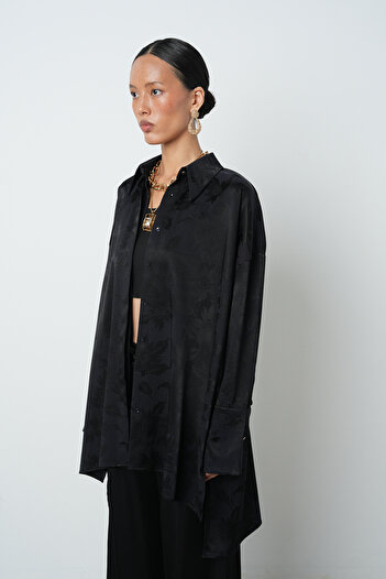 Orfeo Negro Women's Black Color Floral Pattern Oversize Long Hijab Shirt