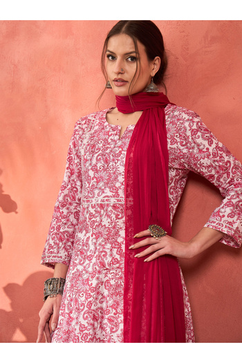 Sassafras By Styli Pink and White Cambric Kurta with Pencil Pants and Dupatta Set